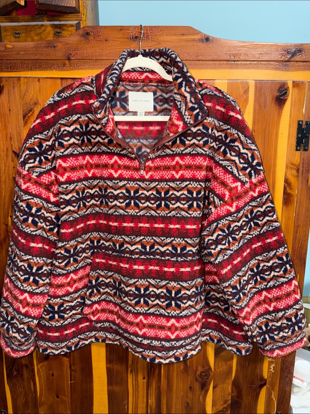 American Eagle Red and Navy Patterned Teddy Half-Zip Jacket